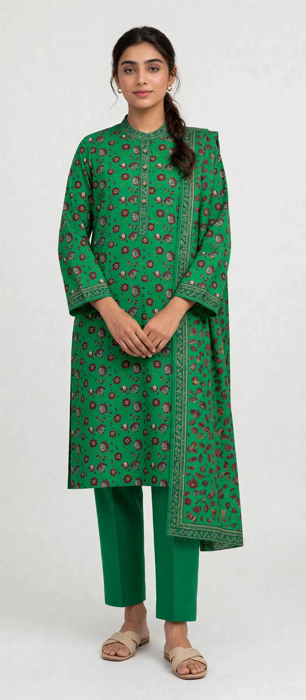 Bright Emerald Geometric Bright Emerald Wool Blend 3 piece suit with Geometric Border Detailing, front view