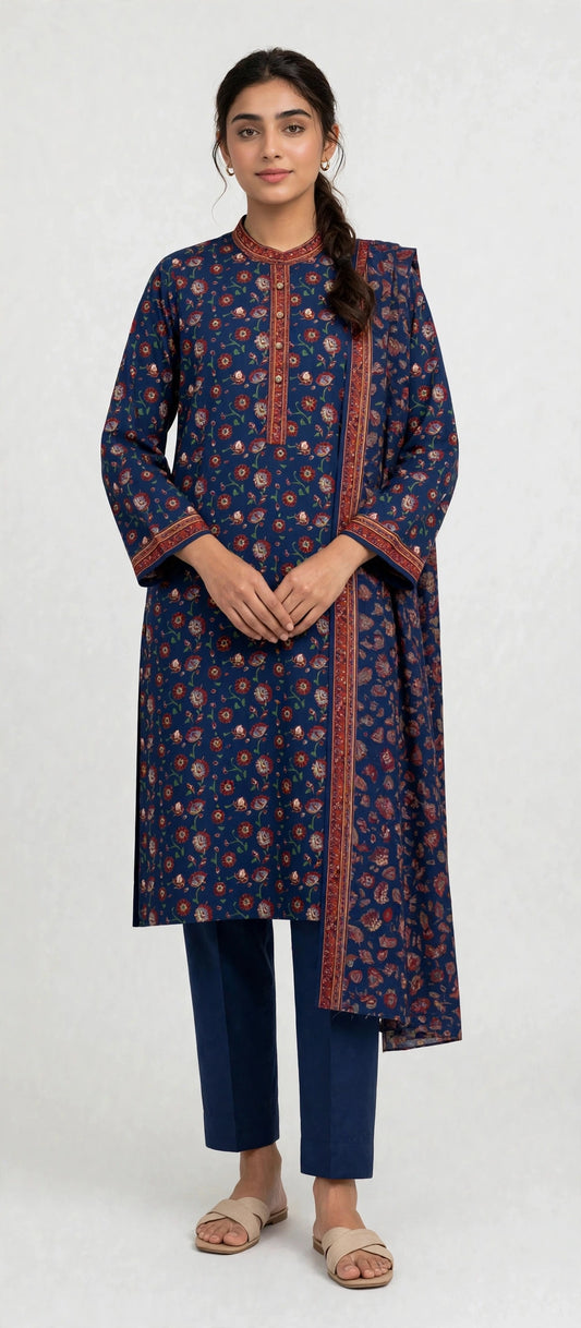Bright Navy Floral Bright Navy Pashmina Blend 3 piece suit with Floral Border Detailing, front view