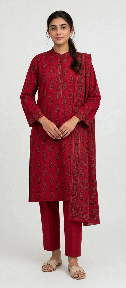 Bright Maroon Paisley Bright Maroon Marina 3 piece suit with Paisley Border Detailing, front view