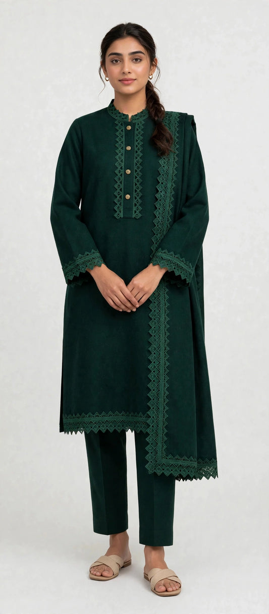 Dark Emerald Geometric Dark Emerald Wool 3 piece suit with Geometric Lace Trim, front view